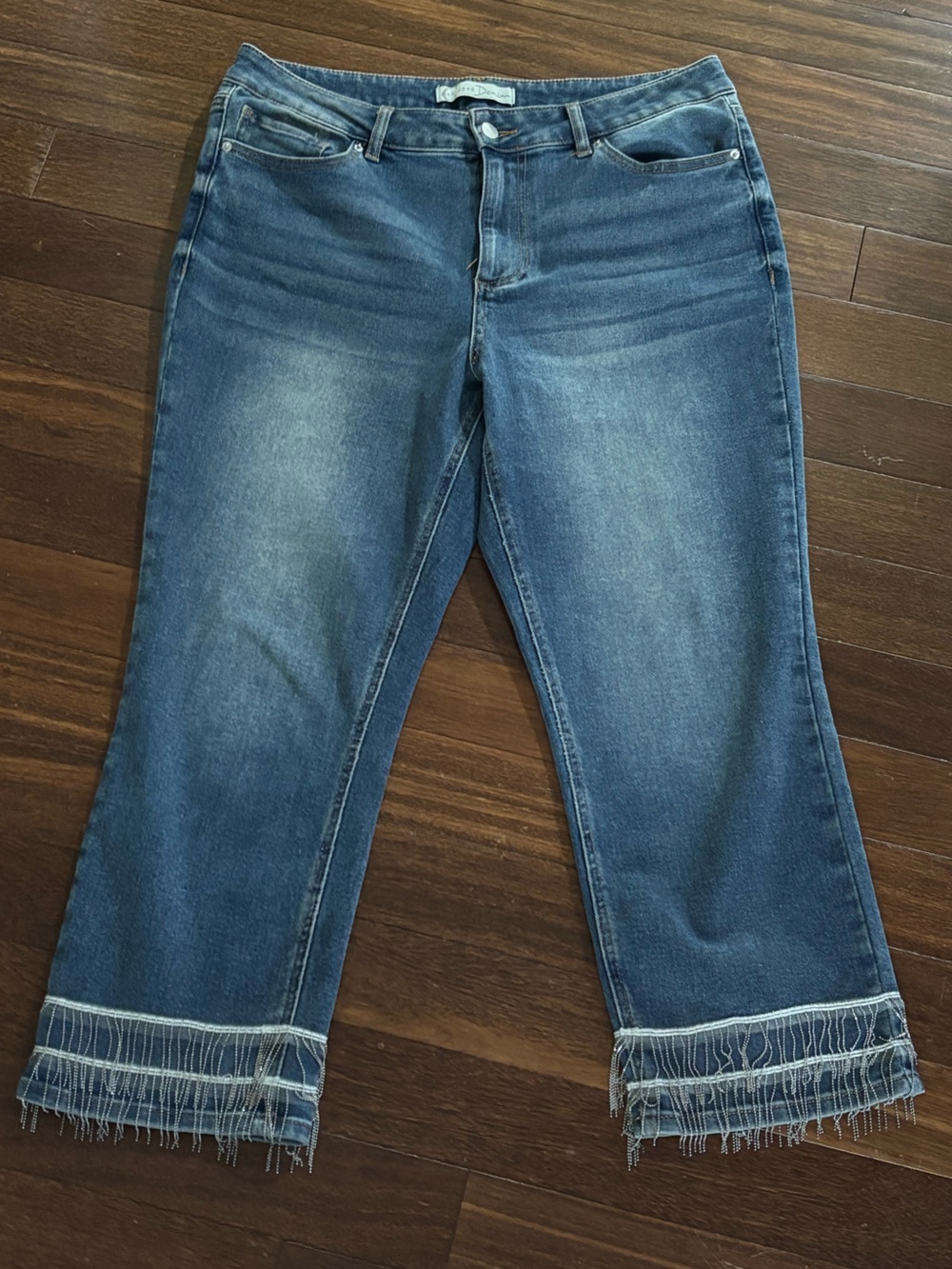 CATO Petites Cropped Boho Fringe Hem Jeans Medium Wash Size 14P Stretch Denim